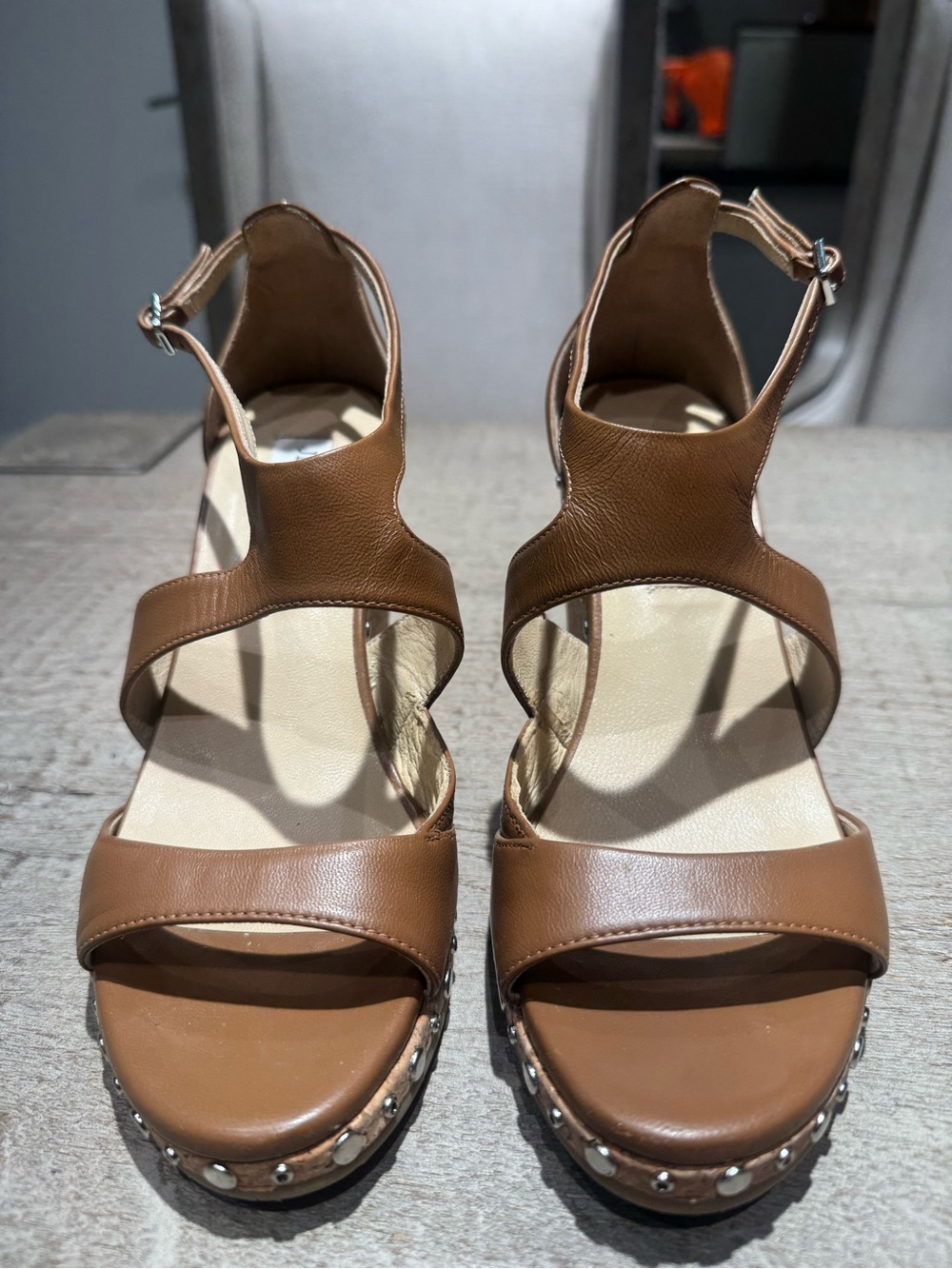 Jimmy Choo Tan Leather Studded Wedge Sandals